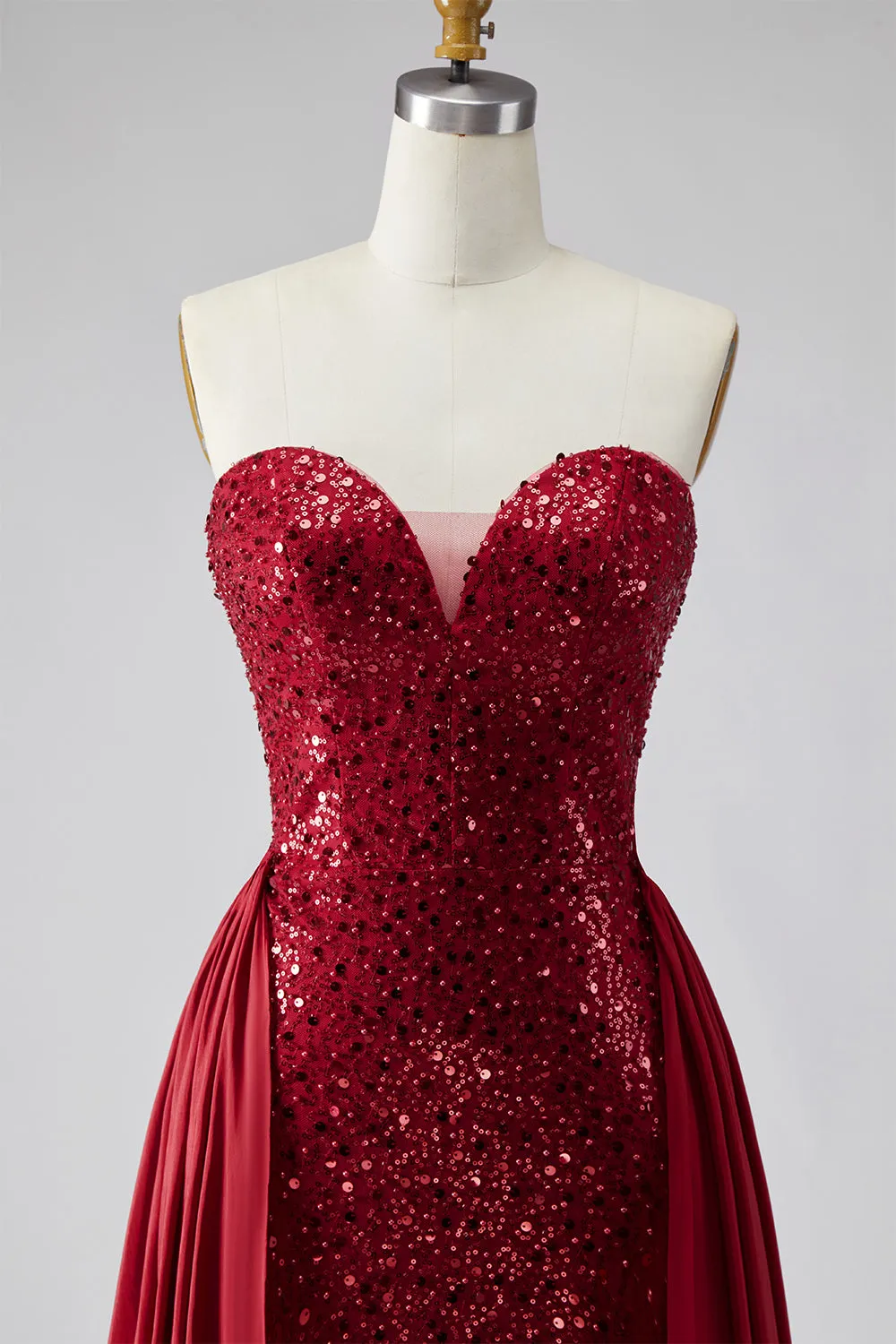 Dark Red Sequins Strapless Satin Pearls Sheath Long Pageant Dress with Draping sold by Zapaka product image thumbnail 4