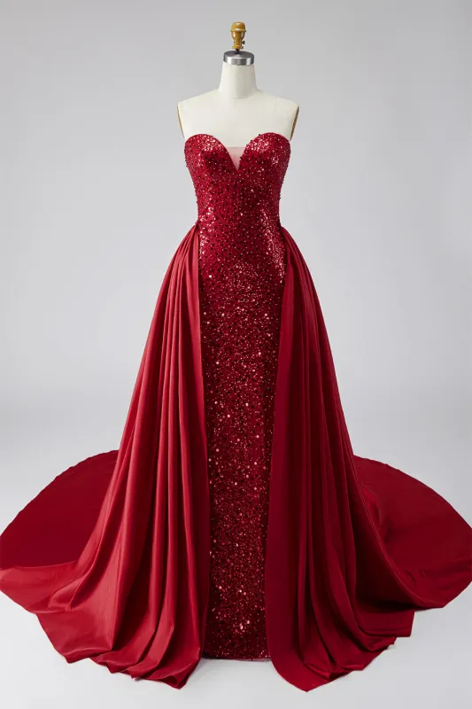 Dark Red Sequins Strapless Satin Pearls Sheath Long Pageant Dress with Draping made by Zapaka