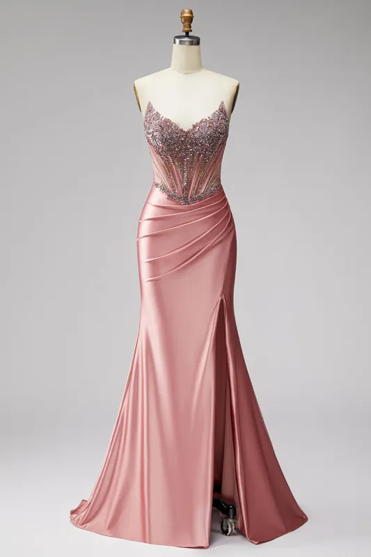 Mermaid Corset Satin Ruched Strapless Pink Prom Dress with Slit made by Zapaka