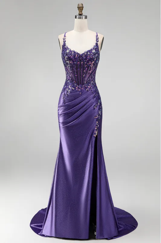 Glitter Mermaid Sequins Corset Ruched Satin Long Purple Prom Dress with Slit made by Zapaka