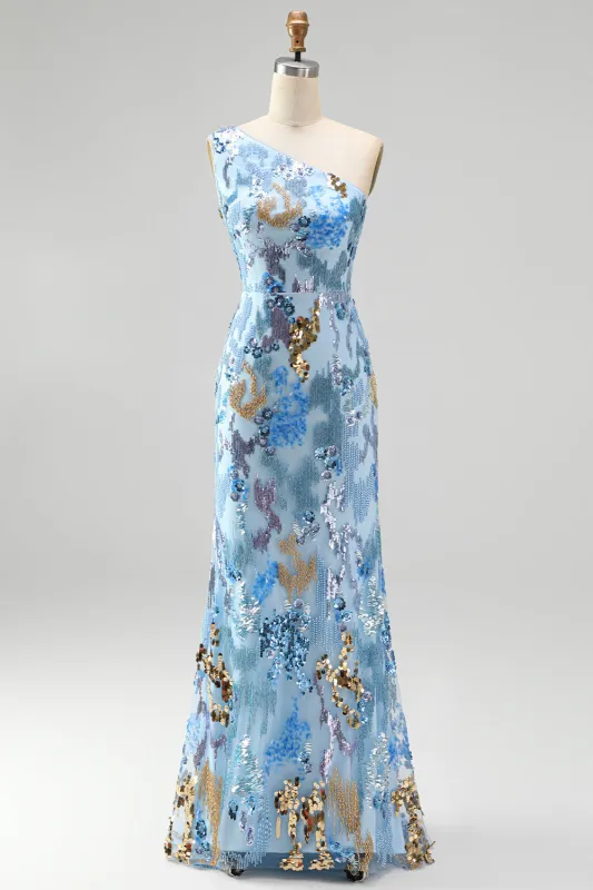 Sparkly One Shoulder Sequins Mermaid Beaded Blue Long Prom Dress made by Zapaka