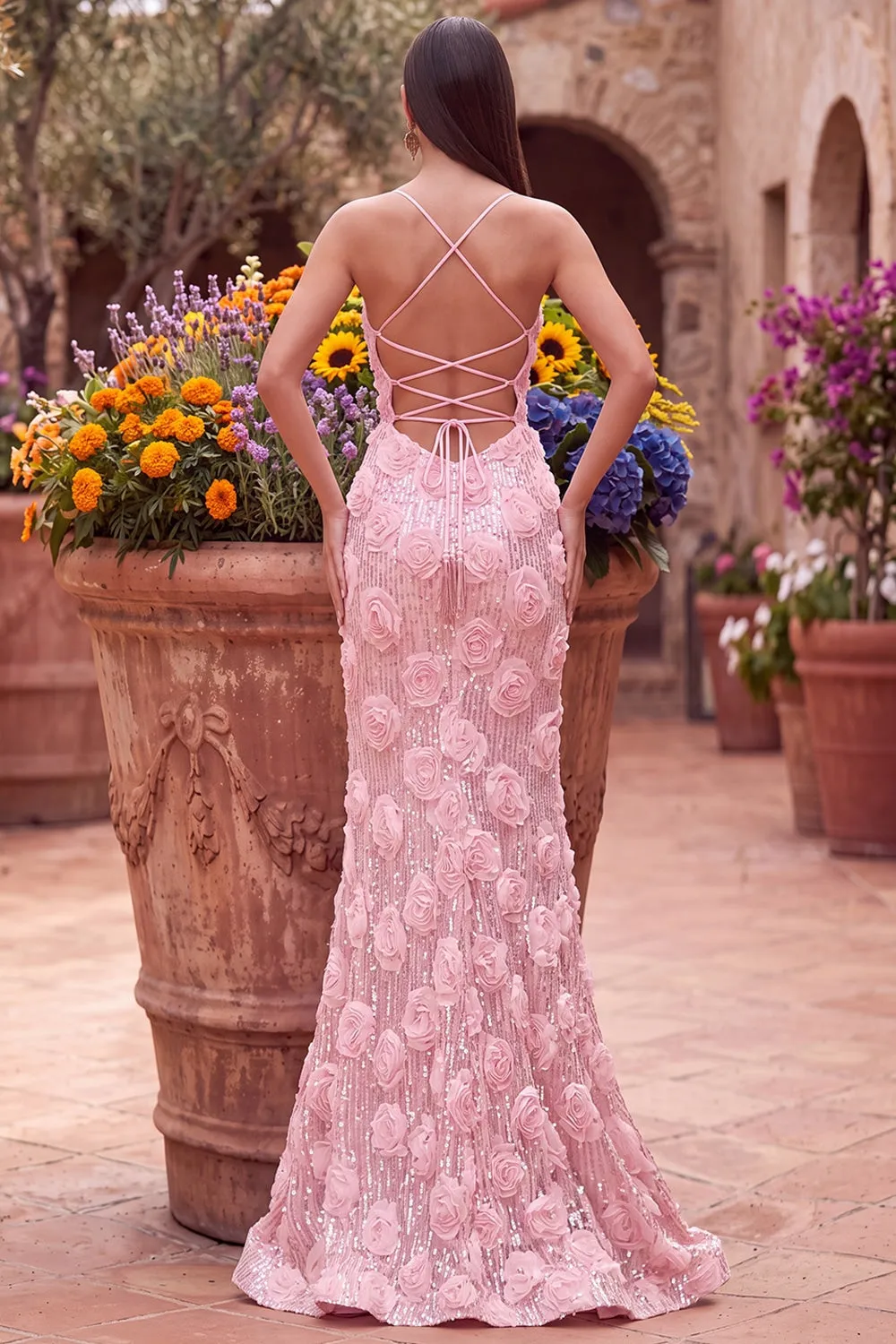 Pink Sequins Mermaid 3D Floral Appliques Spaghetti Straps Long Prom Dress with Slit sold by Zapaka product image thumbnail 2