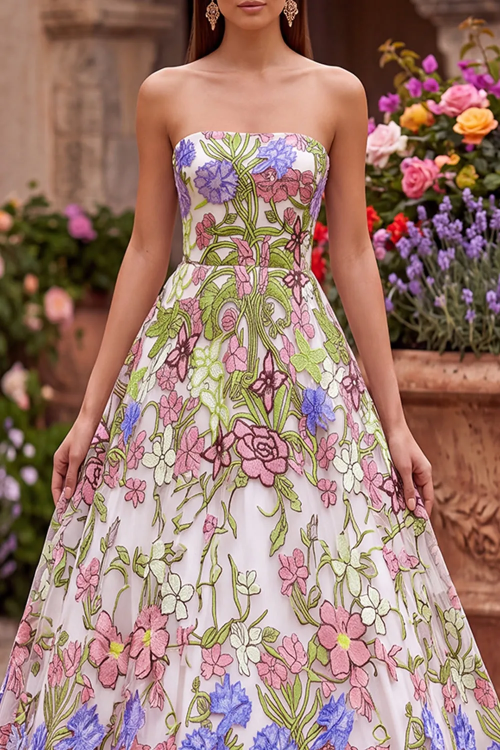Pink Flower Embroidery Strapless A-Line Long Prom Dress sold by Zapaka product image thumbnail 3