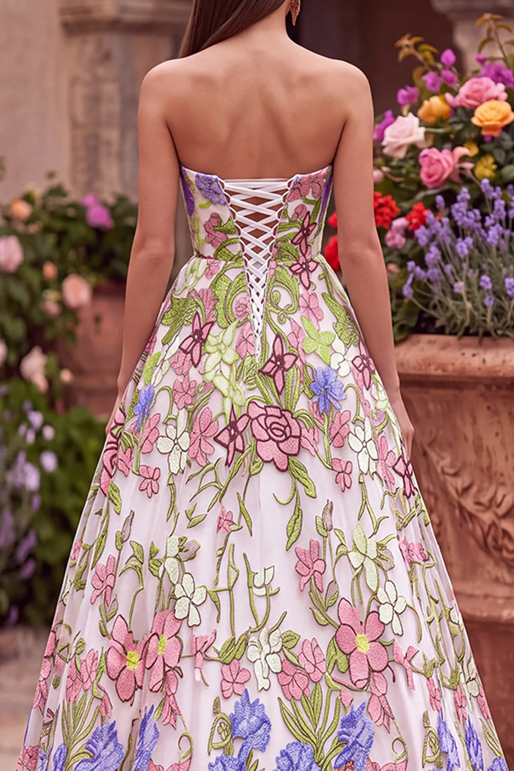 Pink Flower Embroidery Strapless A-Line Long Prom Dress sold by Zapaka product image thumbnail 4