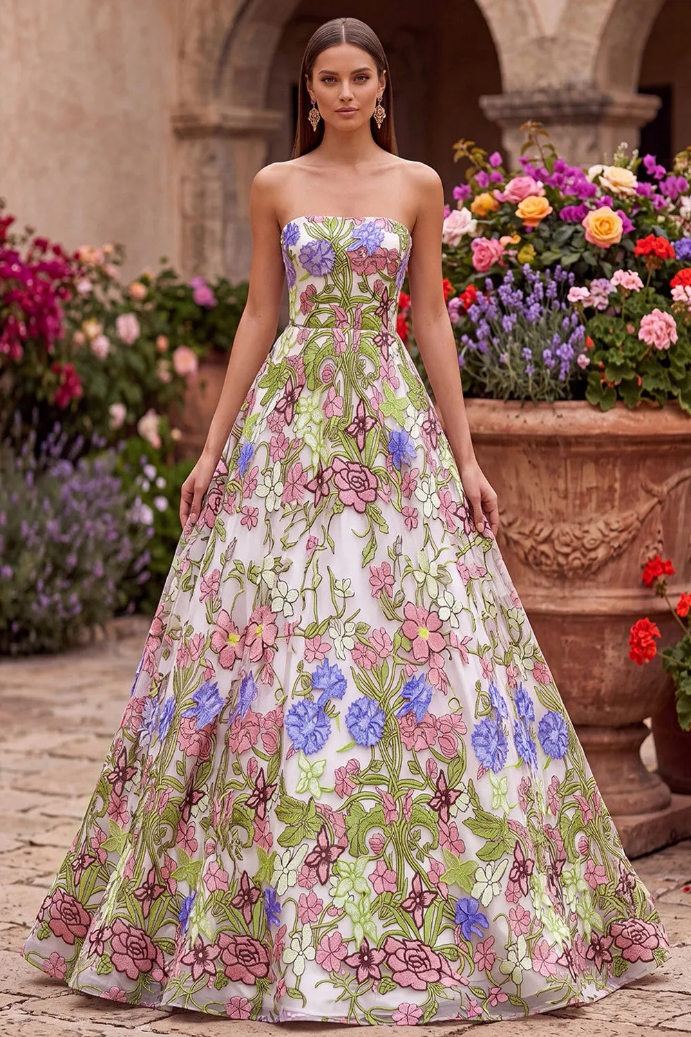 Pink Flower Embroidery Strapless A-Line Long Prom Dress sold by Zapaka