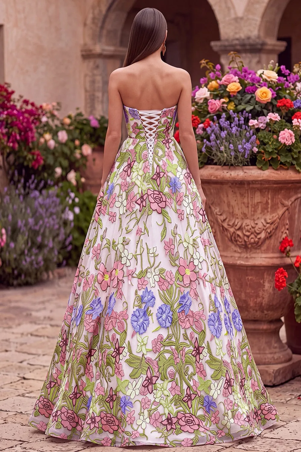 Pink Flower Embroidery Strapless A-Line Long Prom Dress sold by Zapaka product image thumbnail 2