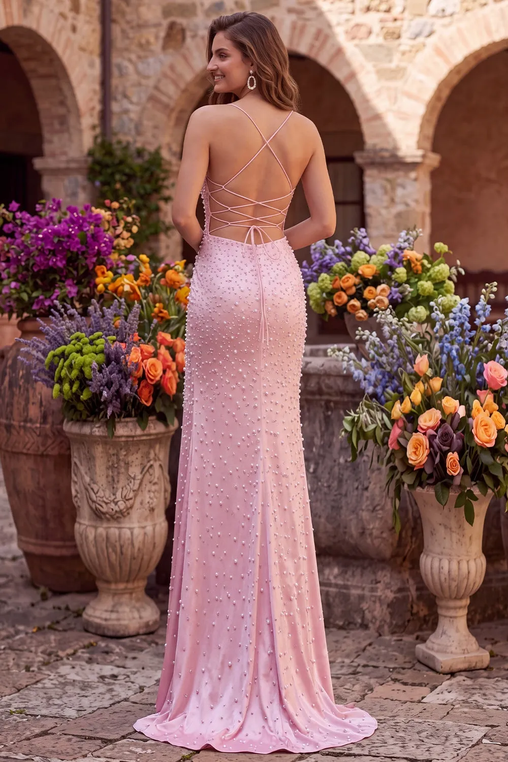 Pink Mermaid Pearls Satin Spaghetti Straps Beaded Lace Up Back Prom Dress with Slit sold by Zapaka product image thumbnail 2