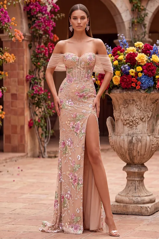 Blush Sheath Off the Shouder Corset Sequins Long Prom Dress with Slit made by Zapaka