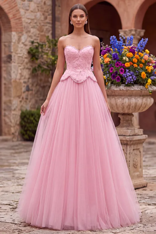 Pink A-Line Tulle Embroidery Beaded Strapless Long Prom Dress made by Zapaka