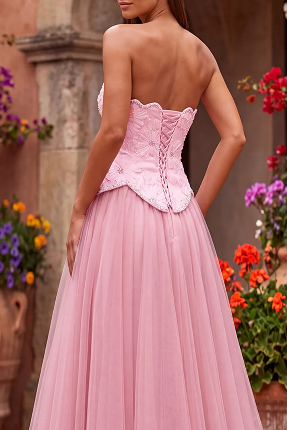 Pink A-Line Tulle Embroidery Beaded Strapless Long Prom Dress sold by Zapaka product image thumbnail 4