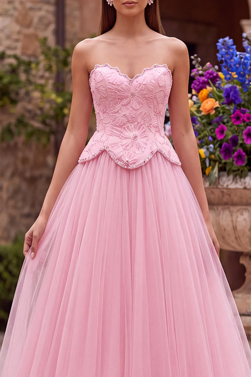 Pink A-Line Tulle Embroidery Beaded Strapless Long Prom Dress sold by Zapaka product image thumbnail 3