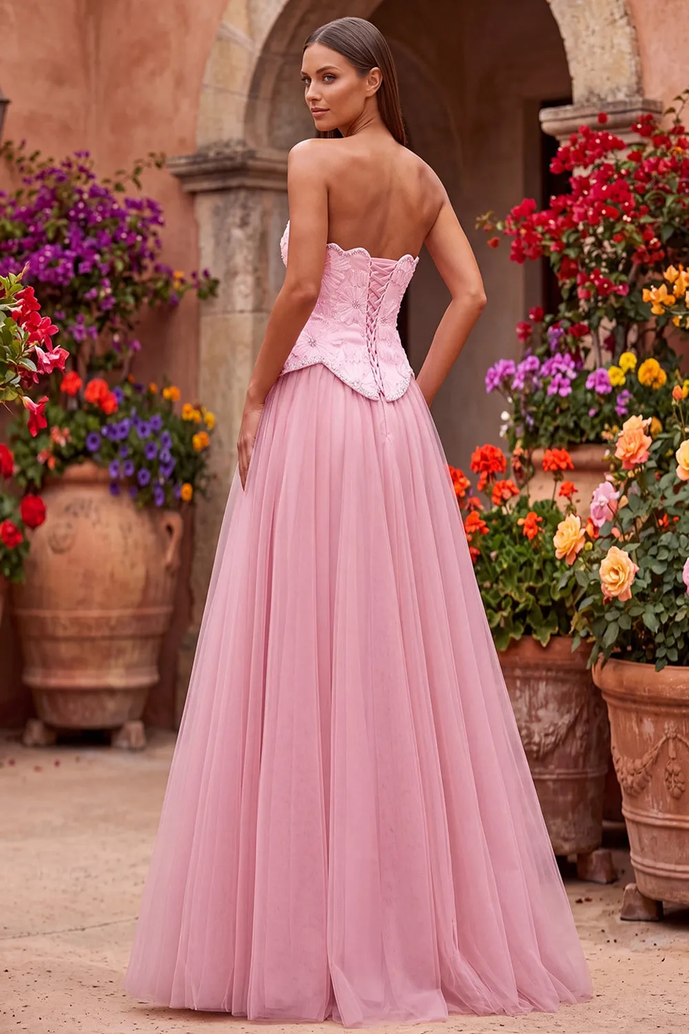 Pink A-Line Tulle Embroidery Beaded Strapless Long Prom Dress sold by Zapaka product image thumbnail 2