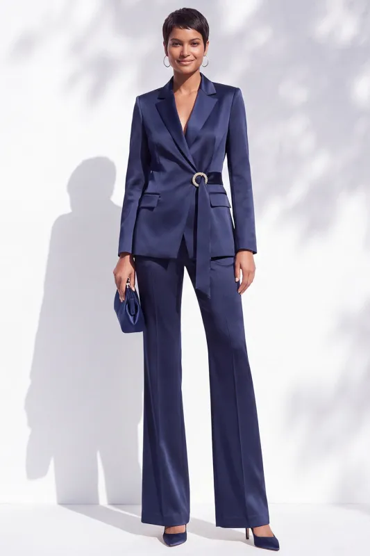 Navy Satin V-Neck Notched Lapel 2 Piece Women Suits with Belt made by Zapaka