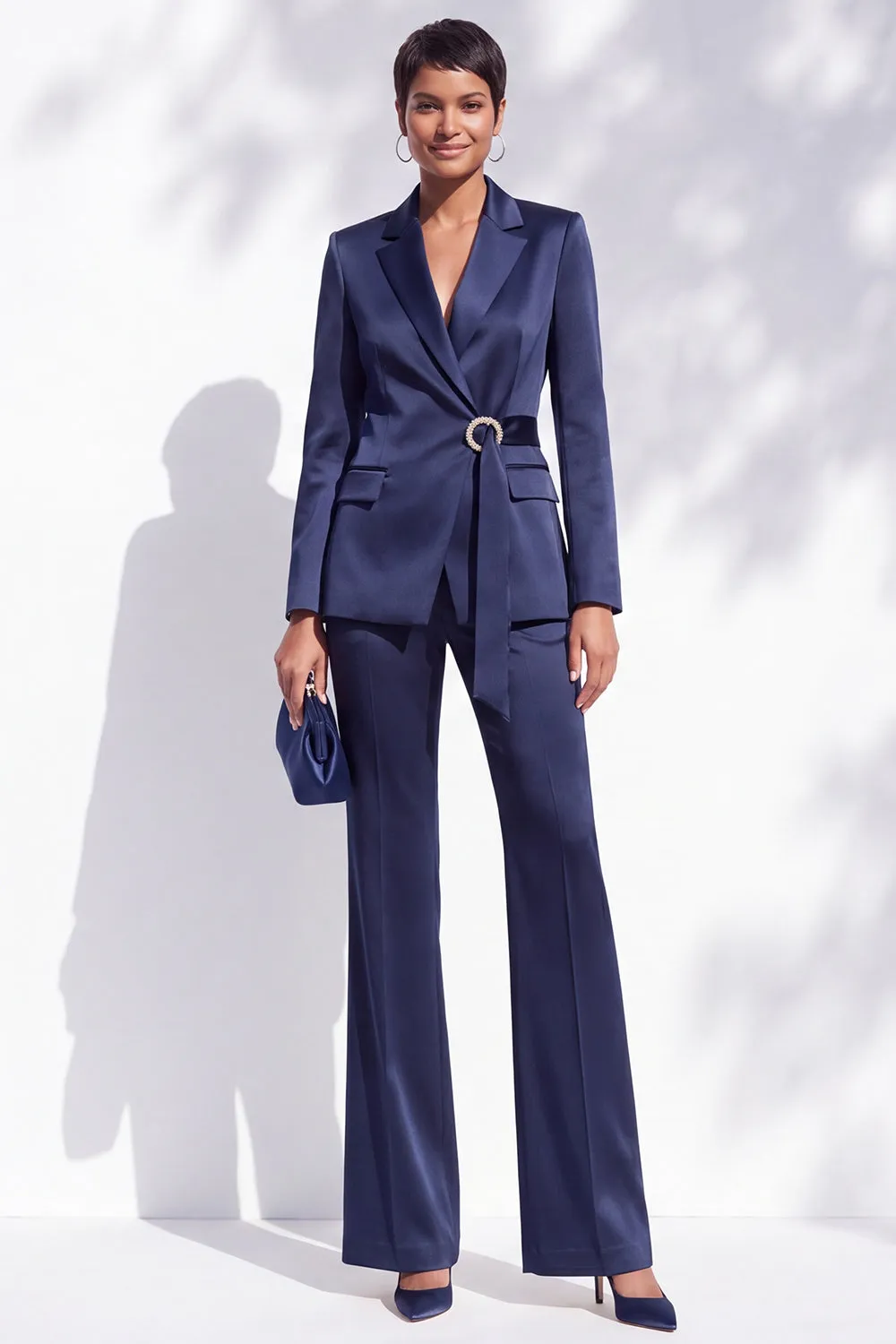 Navy Satin V-Neck Notched Lapel 2 Piece Women Suits with Belt sold by Zapaka