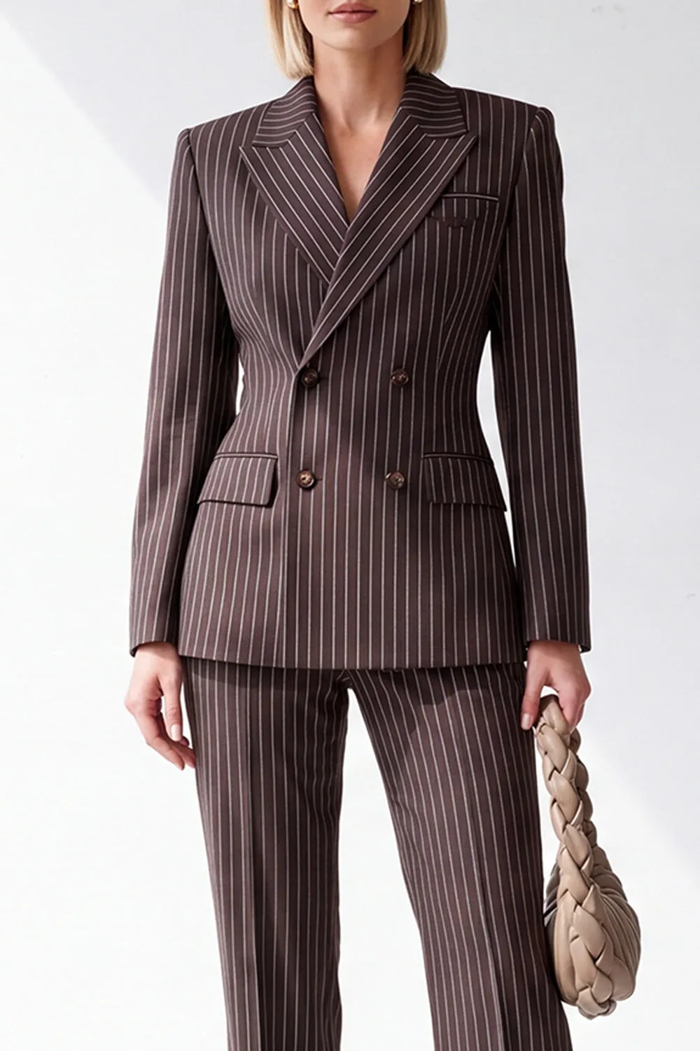 Coffee Pinstriped Peak Lapel Double Breasted 2 Piece Women Suits sold by Zapaka product image thumbnail 3