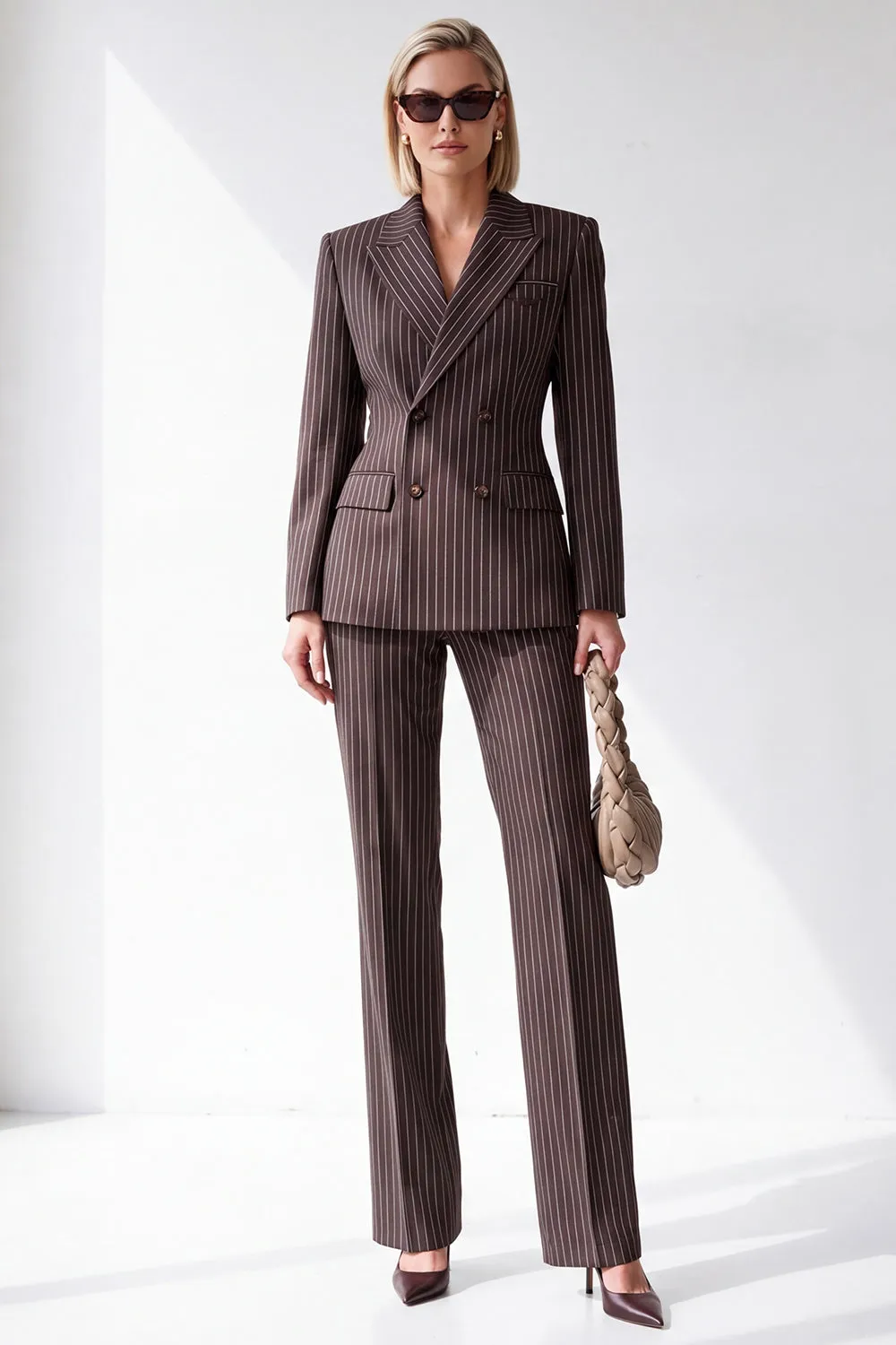Coffee Pinstriped Peak Lapel Double Breasted 2 Piece Women Suits sold by Zapaka