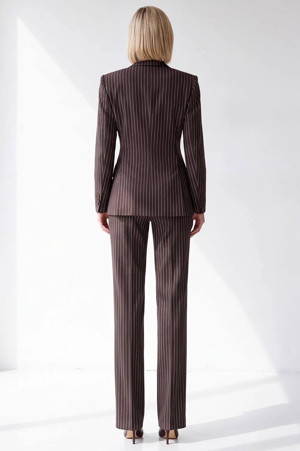 Coffee Pinstriped Peak Lapel Double Breasted 2 Piece Women Suits sold by Zapaka product image thumbnail 2