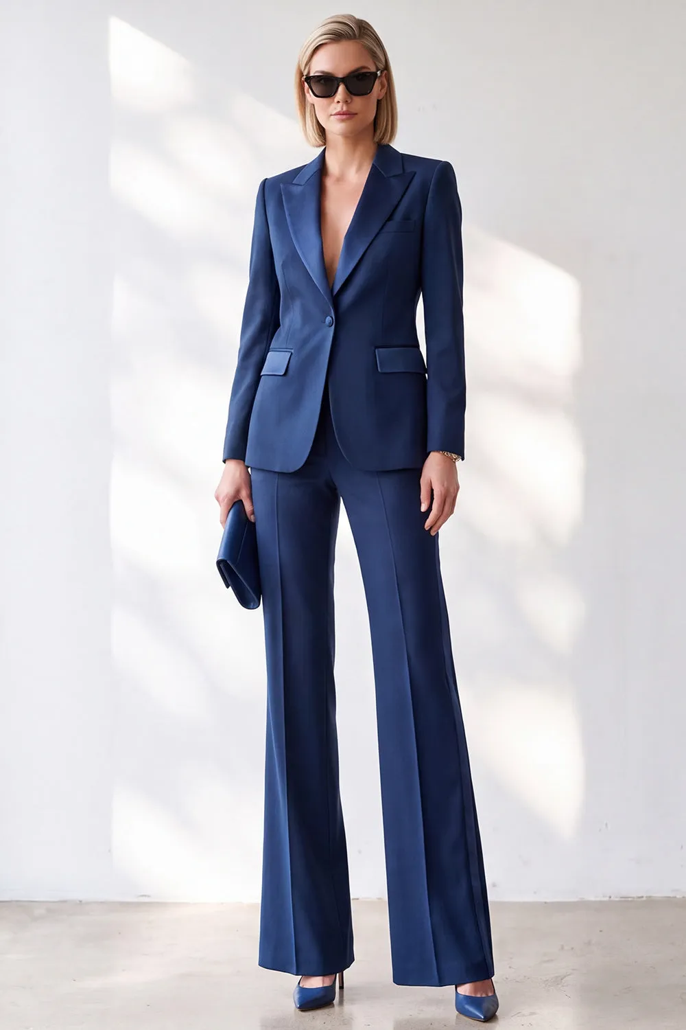 Dark Blue 2-Piece Peak Lapel Single Breasted V-Neck Women Suits sold by Zapaka