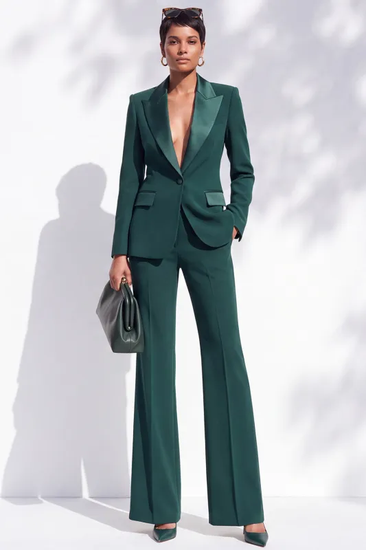 Dark Green Satin Peak Lapel V-Neck Single Breasted Long Women Suits with Pockets made by Zapaka