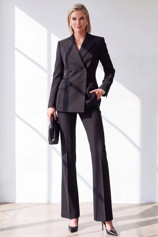 Black Fitted Peak Lapel 2 Piece Double Breasted Women Suits with Pockets made by Zapaka