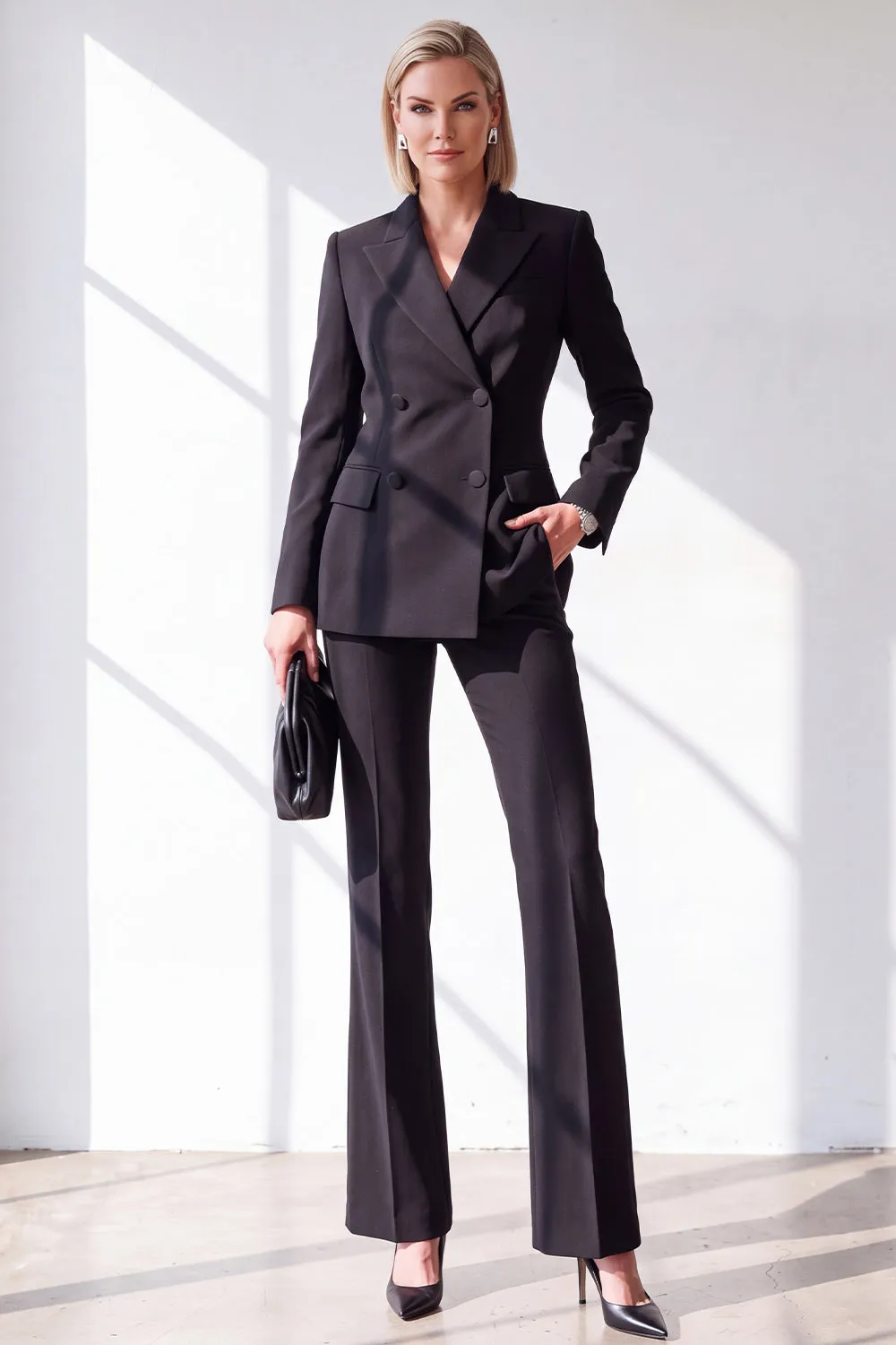 Black Fitted Peak Lapel 2 Piece Double Breasted Women Suits with Pockets sold by Zapaka