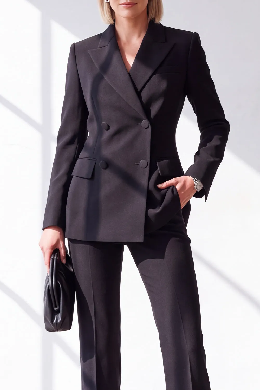 Black Fitted Peak Lapel 2 Piece Double Breasted Women Suits with Pockets sold by Zapaka product image thumbnail 3