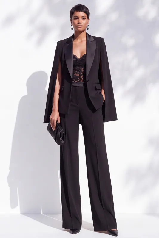 Black Peak Lapel Single Breasted 2 Piece Cape Satin Women Suits made by Zapaka