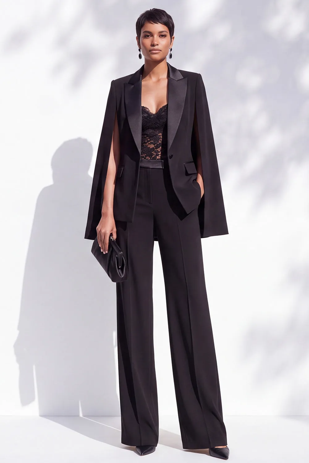 Black Peak Lapel Single Breasted 2 Piece Cape Satin Women Suits sold by Zapaka
