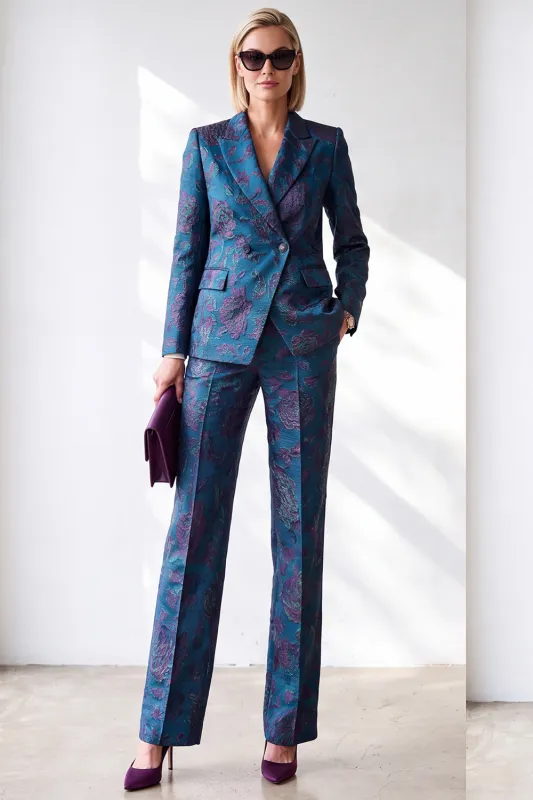 Dark Blue Jacquard Peak Lapel Double Breasted Women Suits with Pockets made by Zapaka