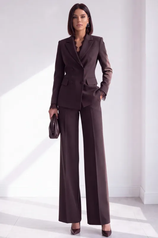 Coffee Fitted Notched Lapel Double Breasted Long Sleeves Women Suits with Lace made by Zapaka