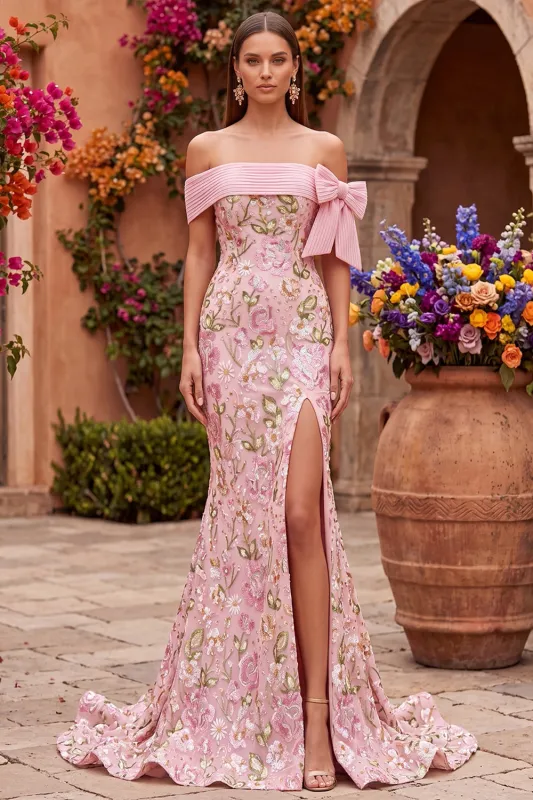 Off the Shoulder Mermaid Floral Embroidery Pink Prom Dress with Side Slit made by Zapaka