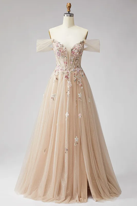 Glitter Off the Shoulder Champagne Sequins Corset A-Line Tulle Long Prom Dress with Appliques made by Zapaka