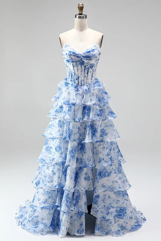 Blue A-Line Corset Printed Tiered Ruffled Ruched Chiffon Strapless Long Prom Dress made by Zapaka