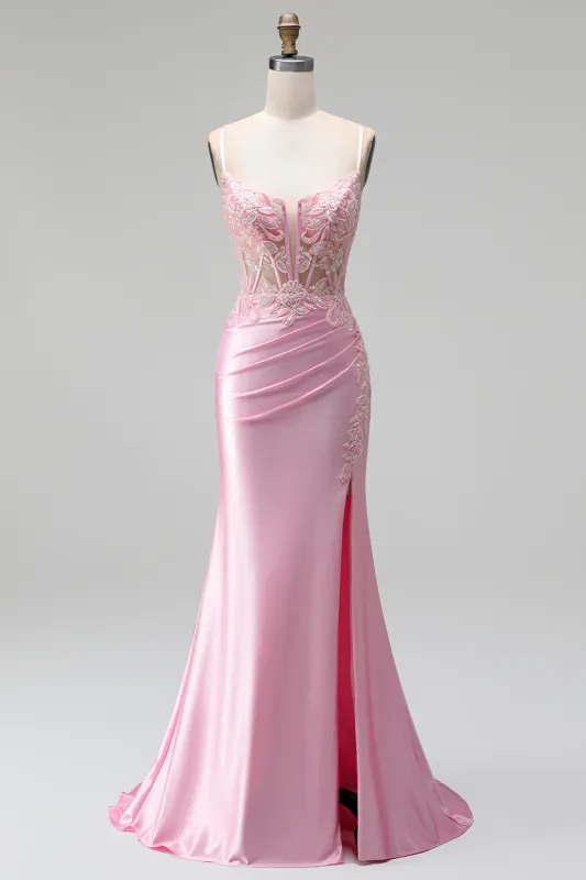 Mermaid Pink Embroidery Beaded Corset Sheer Satin Ruched Spaghetti Straps Long Prom Dress with Slit made by Zapaka