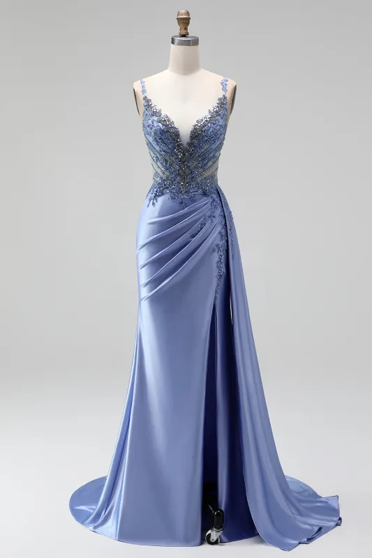 Dusty Blue Rhinestones Appliques Mermaid Satin V-Neck Ruched Sequins Long Prom Dress with Slit made by Zapaka