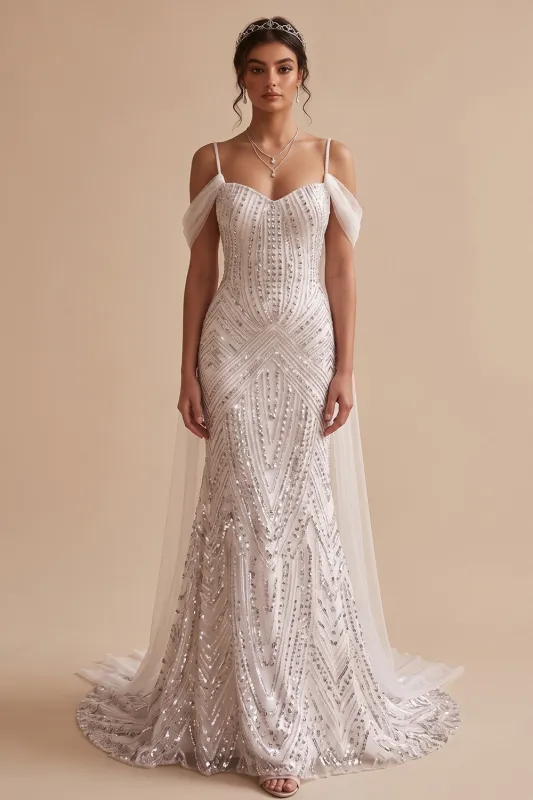 White Mermaid Cold Shoulder Sequins Beaded Long Wedding Dress made by Zapaka