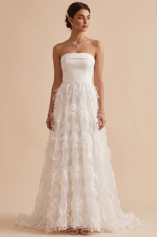 White A-Line Strapless Feathered Long Wedding Dress made by Zapaka