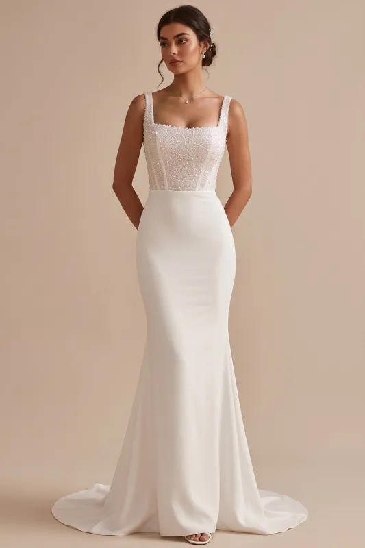 White Corset Satin Mermaid Square Neck Long Wedding Dress with Beading made by Zapaka
