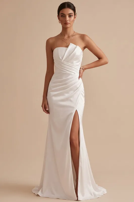 White Mermaid Satin Strapless Ruched Maxi Wedding Dress with Slit made by Zapaka
