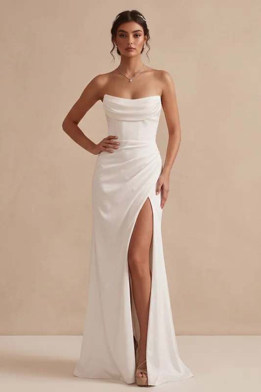 White Sheath Cowl Satin Ruched Strapless Long Wedding Dress with Slit made by Zapaka