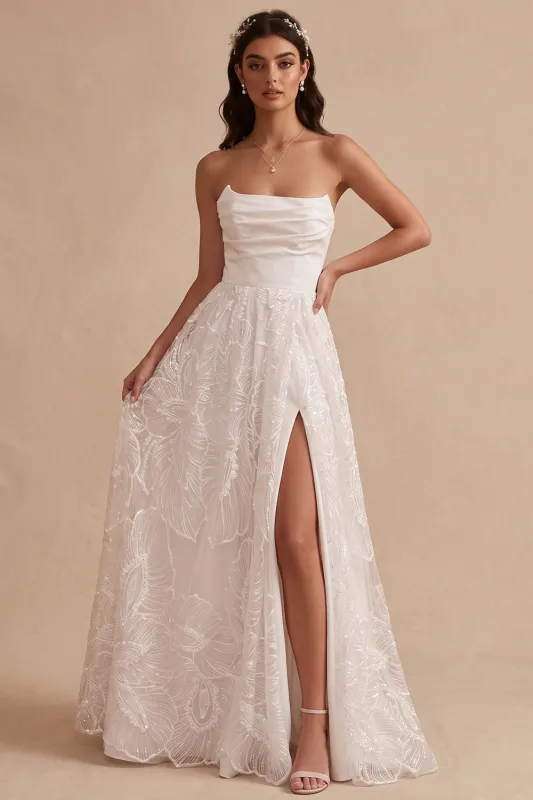 White A-Line Embroidery Ruched Strapless Satin Long Wedding Dress with Side Slit made by Zapaka