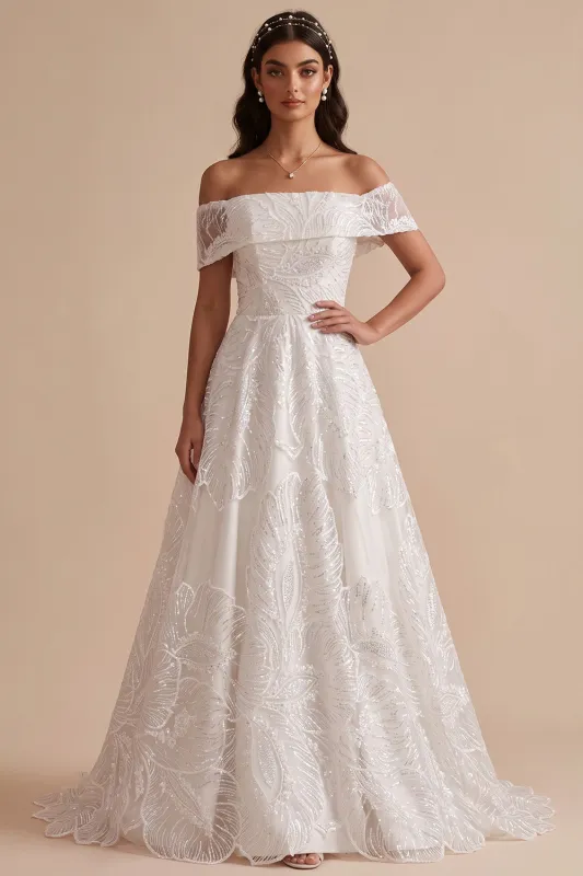 White A-Line Off the Shoulder Embroidered Sequins Maxi Wedding Dress made by Zapaka