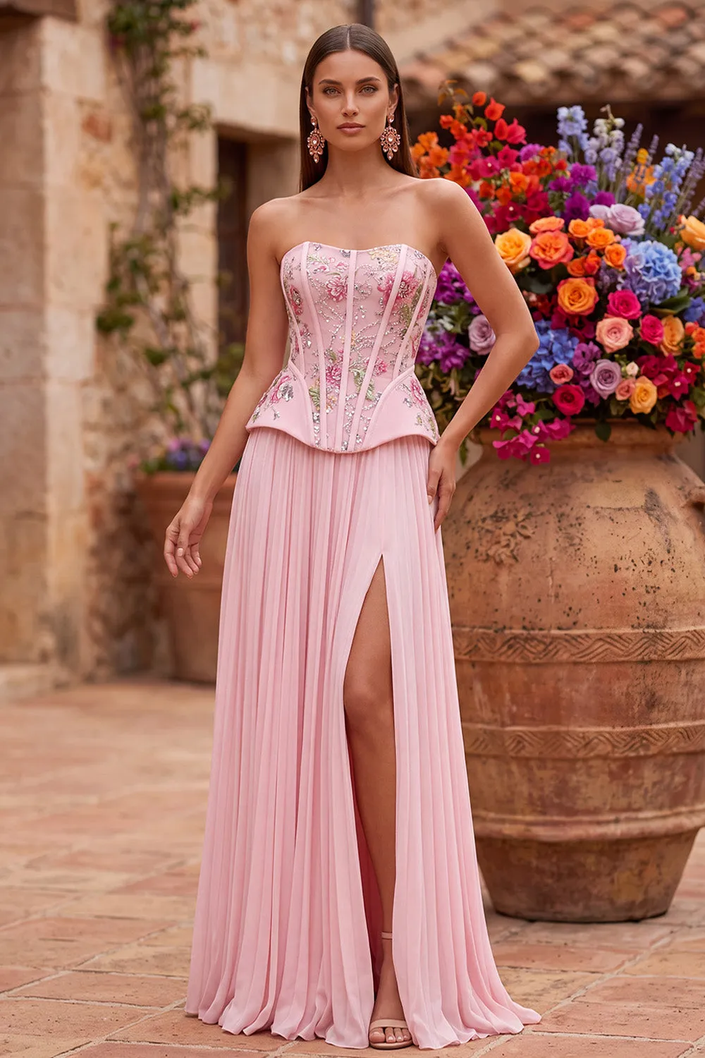 Pink Corset A-Line Floral Sequins Pleated Strapless Long Prom Dress with Side Slit sold by Zapaka product image thumbnail 2