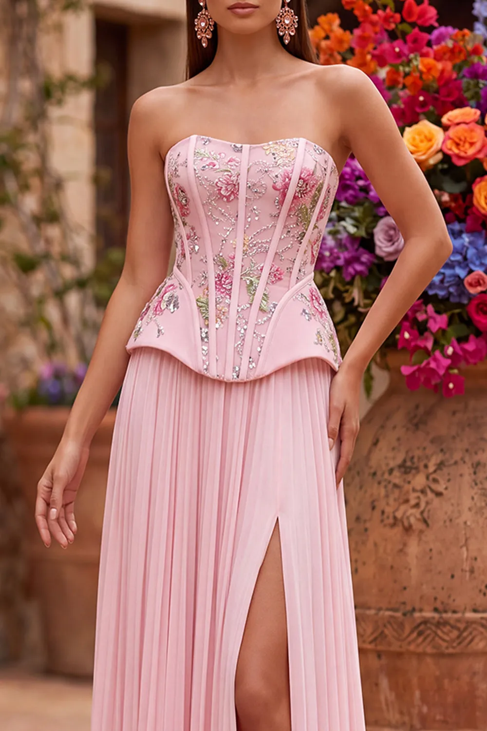 Pink Corset A-Line Floral Sequins Pleated Strapless Long Prom Dress with Side Slit sold by Zapaka product image thumbnail 4