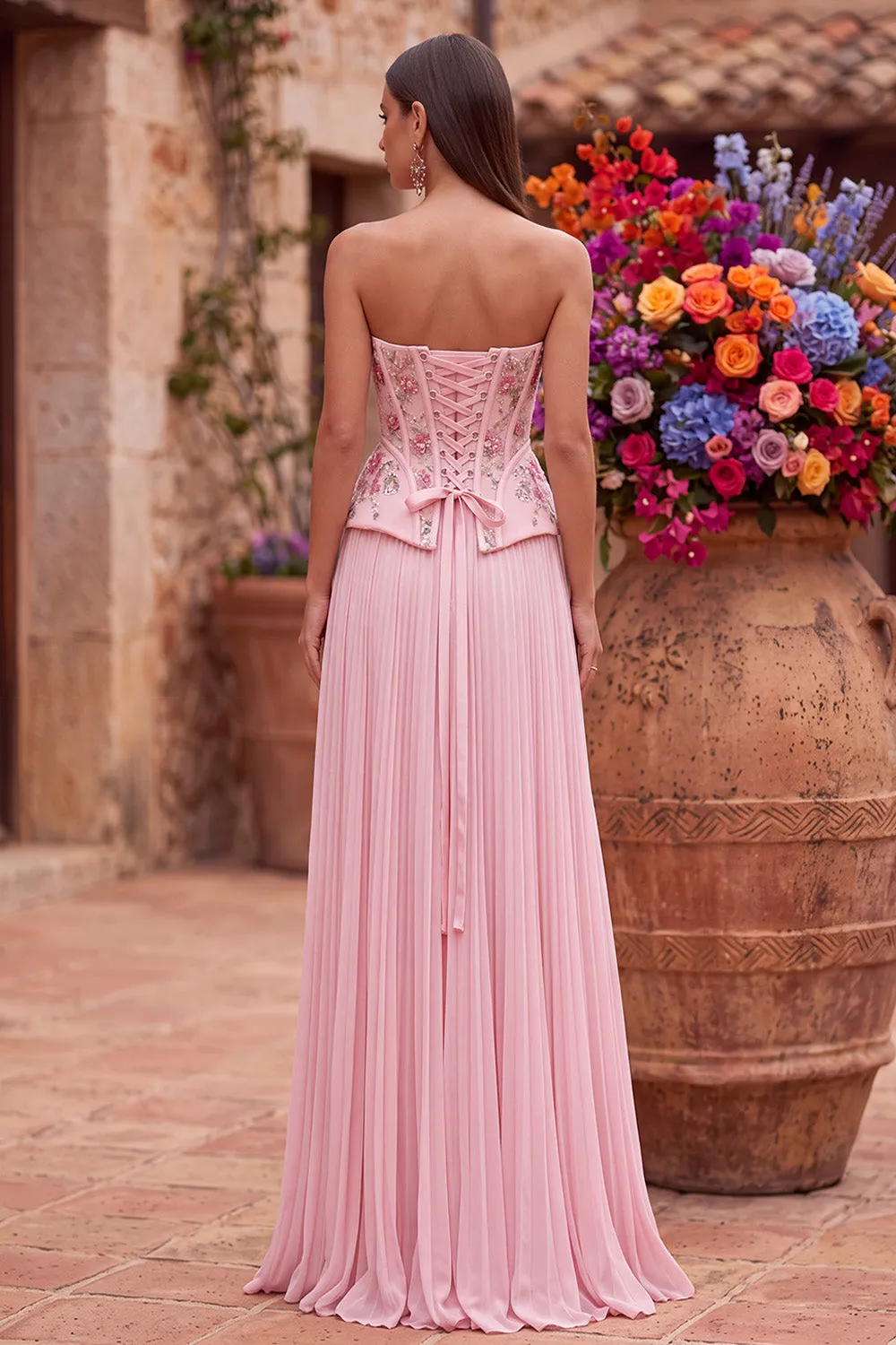 Pink Corset A-Line Floral Sequins Pleated Strapless Long Prom Dress with Side Slit sold by Zapaka product image thumbnail 3