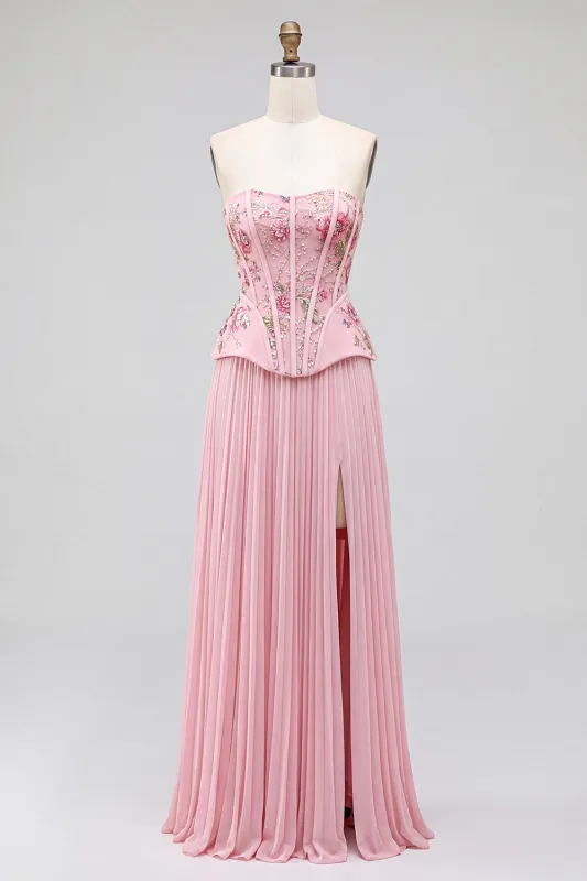 Pink Corset A-Line Floral Sequins Pleated Strapless Long Prom Dress with Side Slit made by Zapaka