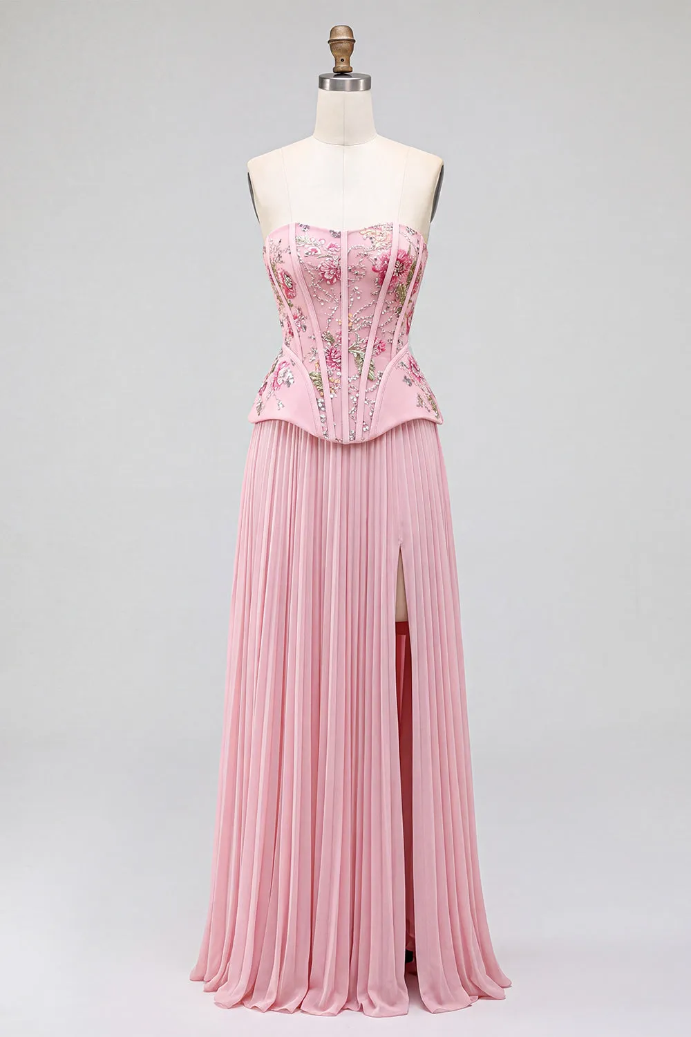 Pink Corset A-Line Floral Sequins Pleated Strapless Long Prom Dress with Side Slit sold by Zapaka