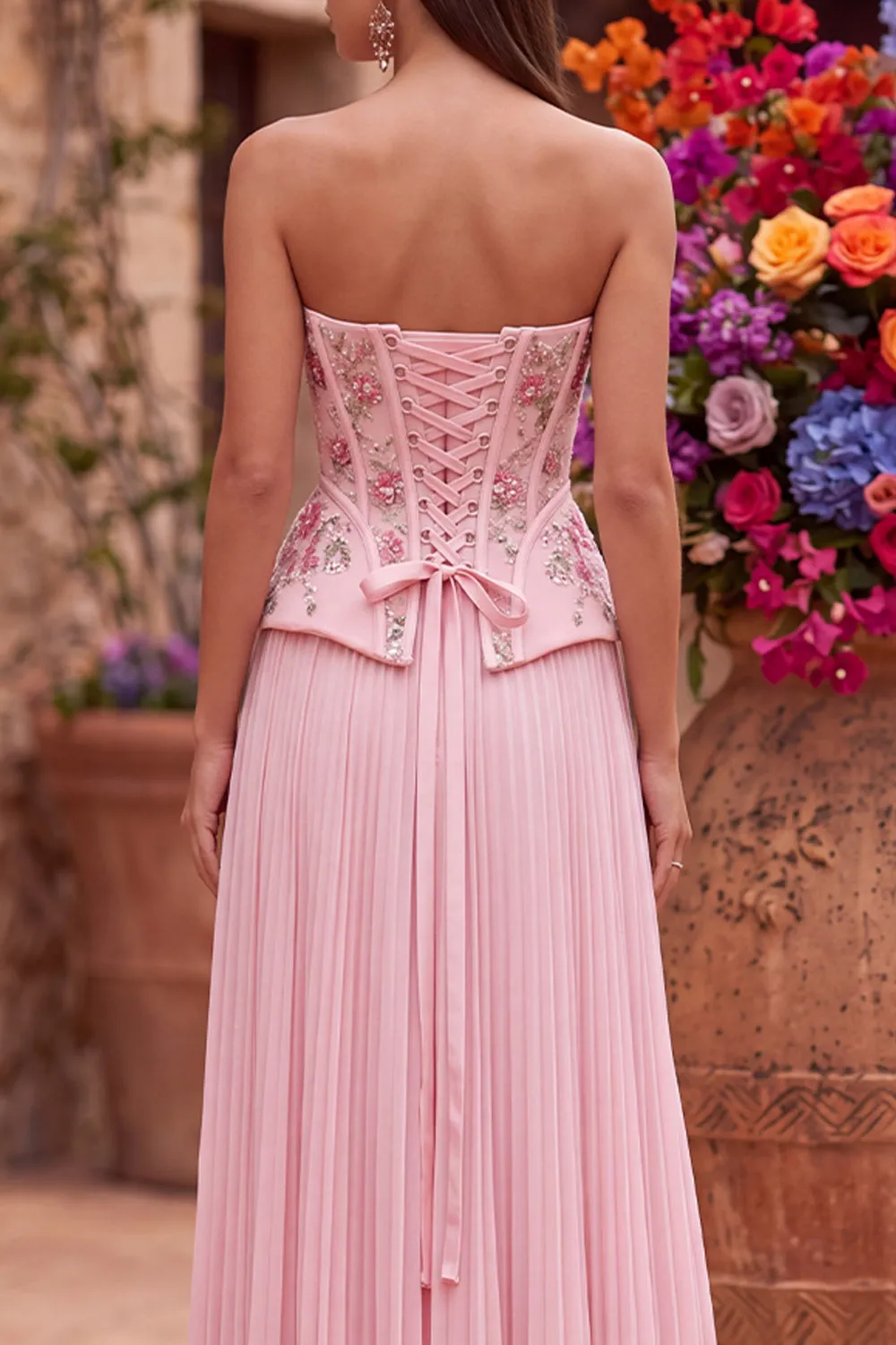 Pink Corset A-Line Floral Sequins Pleated Strapless Long Prom Dress with Side Slit sold by Zapaka product image thumbnail 5