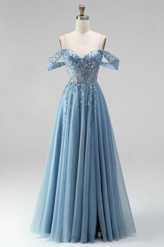 Glitter Dusty Blue Cold Shoulder A-Line Corset Sheer Sequins Long Prom Dress with Appliques made by Zapaka