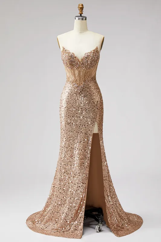 Sparkly Golden Corset Mermaid Rhinestones Sequins Strapless Long Prom Dress with Slit made by Zapaka
